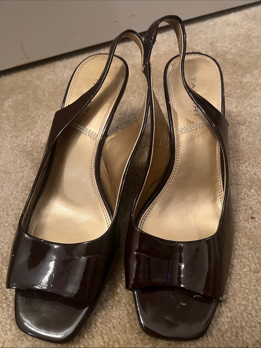 Tahari Dark Brown Patent Slingback Peep Toe Mules